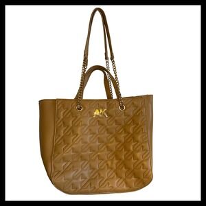 Anne Klein Tan Quilted Tote Bag Gold Chain Straps Monogram Logo